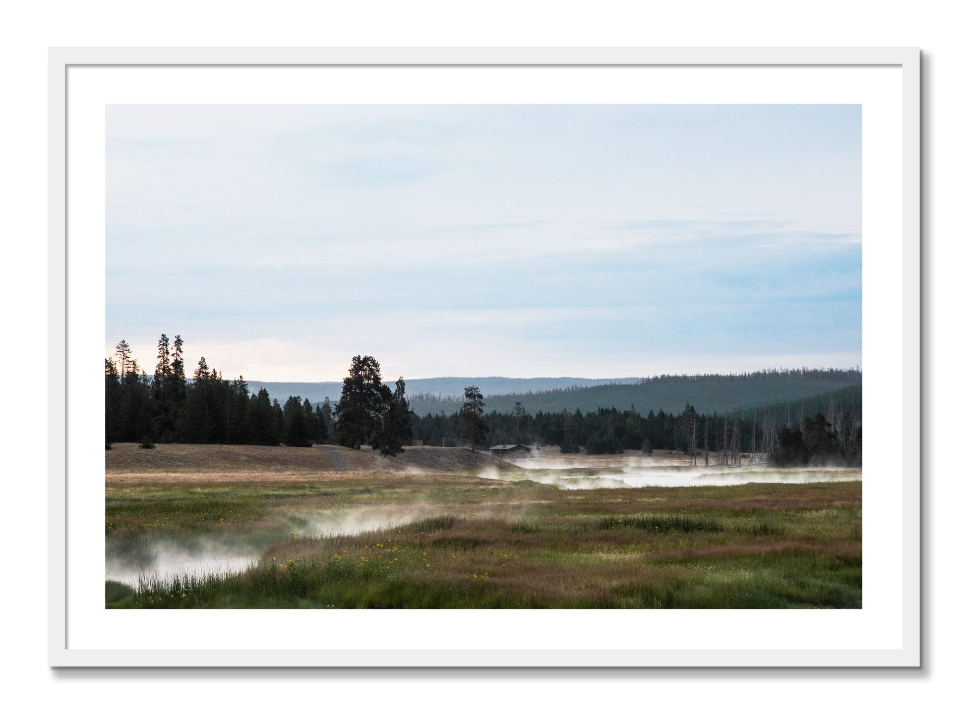 Framed photograph of Yellowstone Morning by Dylan Ozanich, White frame, Borders