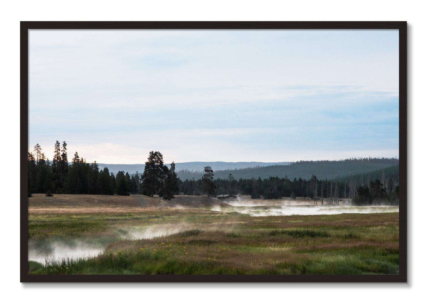 Framed photograph of Yellowstone Morning by Dylan Ozanich, Black Walnut frame, Full Bleed