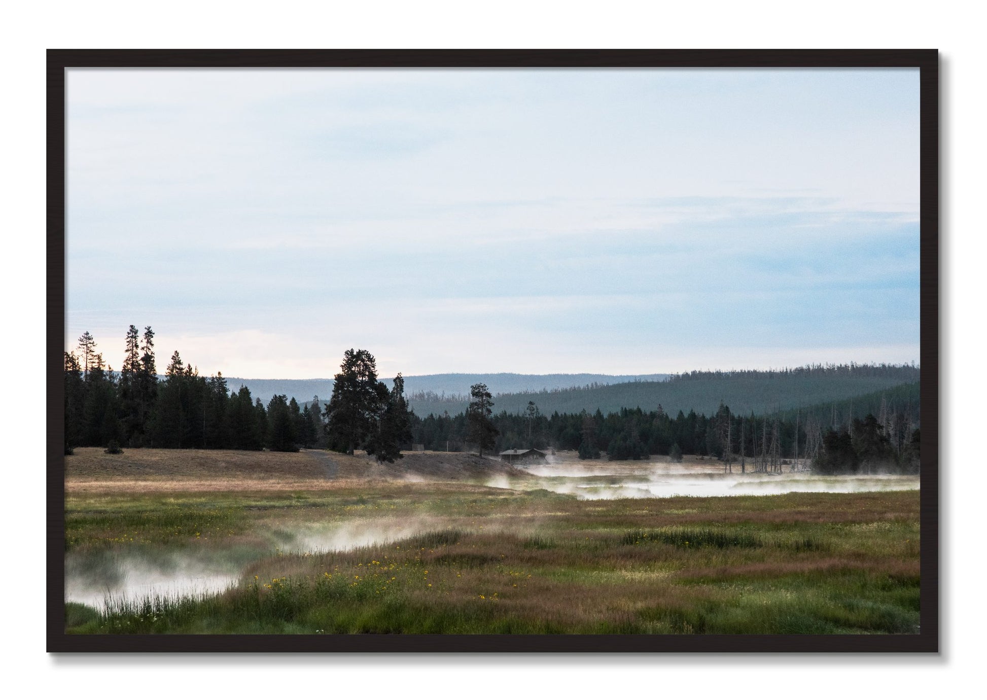 Framed photograph of Yellowstone Morning by Dylan Ozanich, Black Walnut frame, Full Bleed