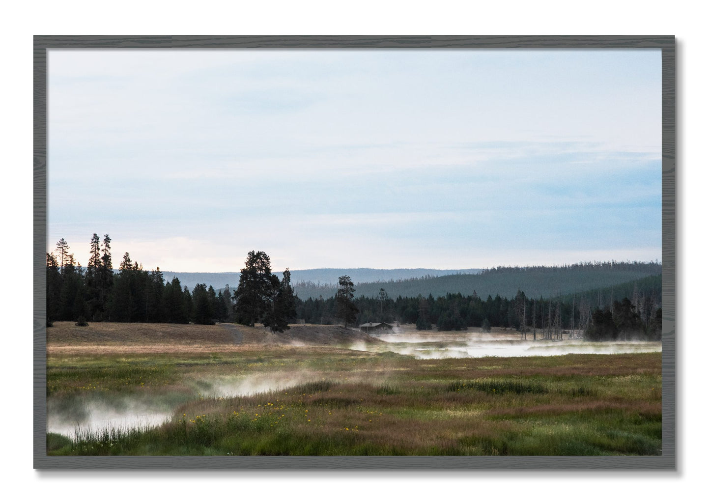 Framed photograph of Yellowstone Morning by Dylan Ozanich, Grey frame, Full Bleed
