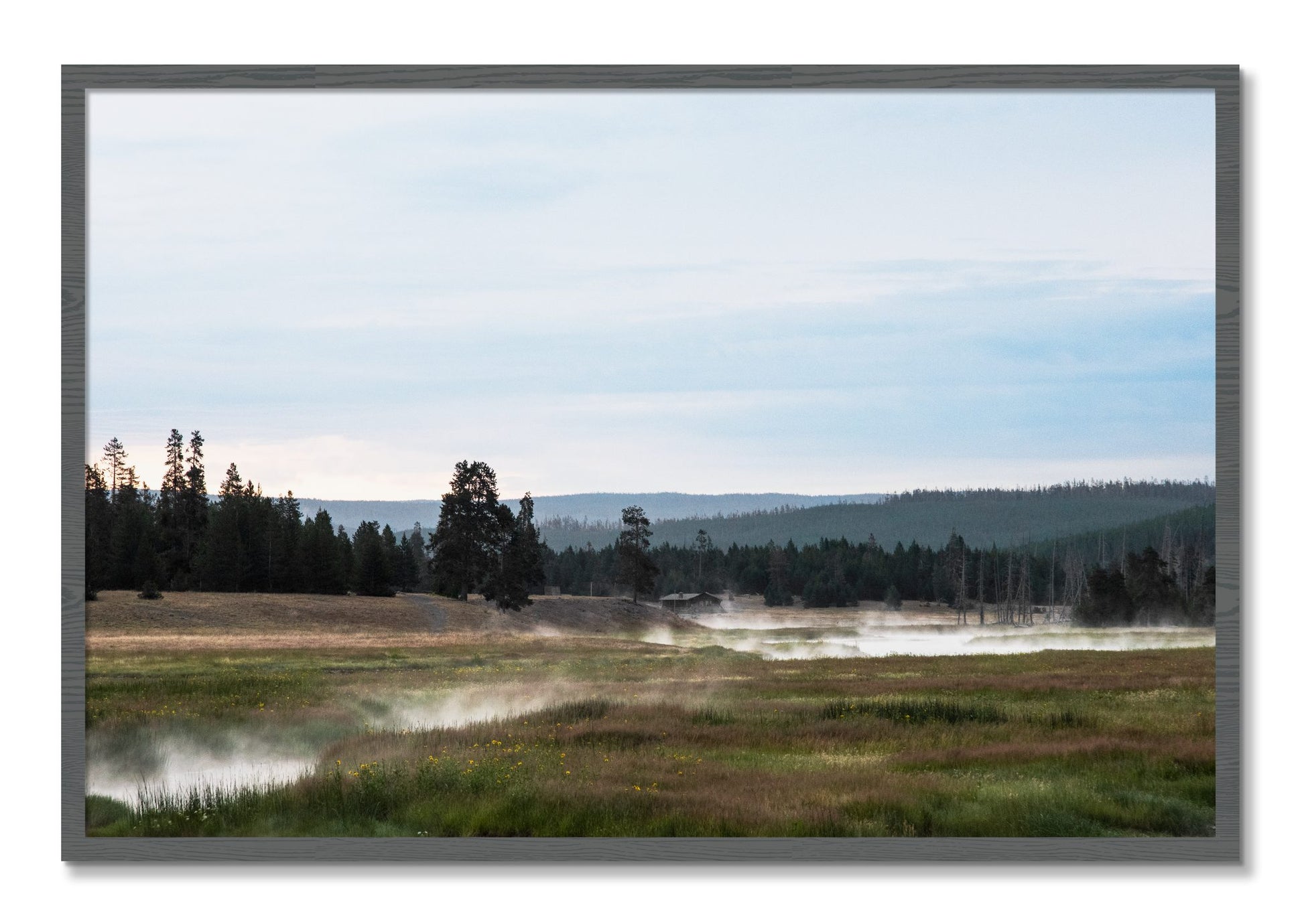 Framed photograph of Yellowstone Morning by Dylan Ozanich, Grey frame, Full Bleed