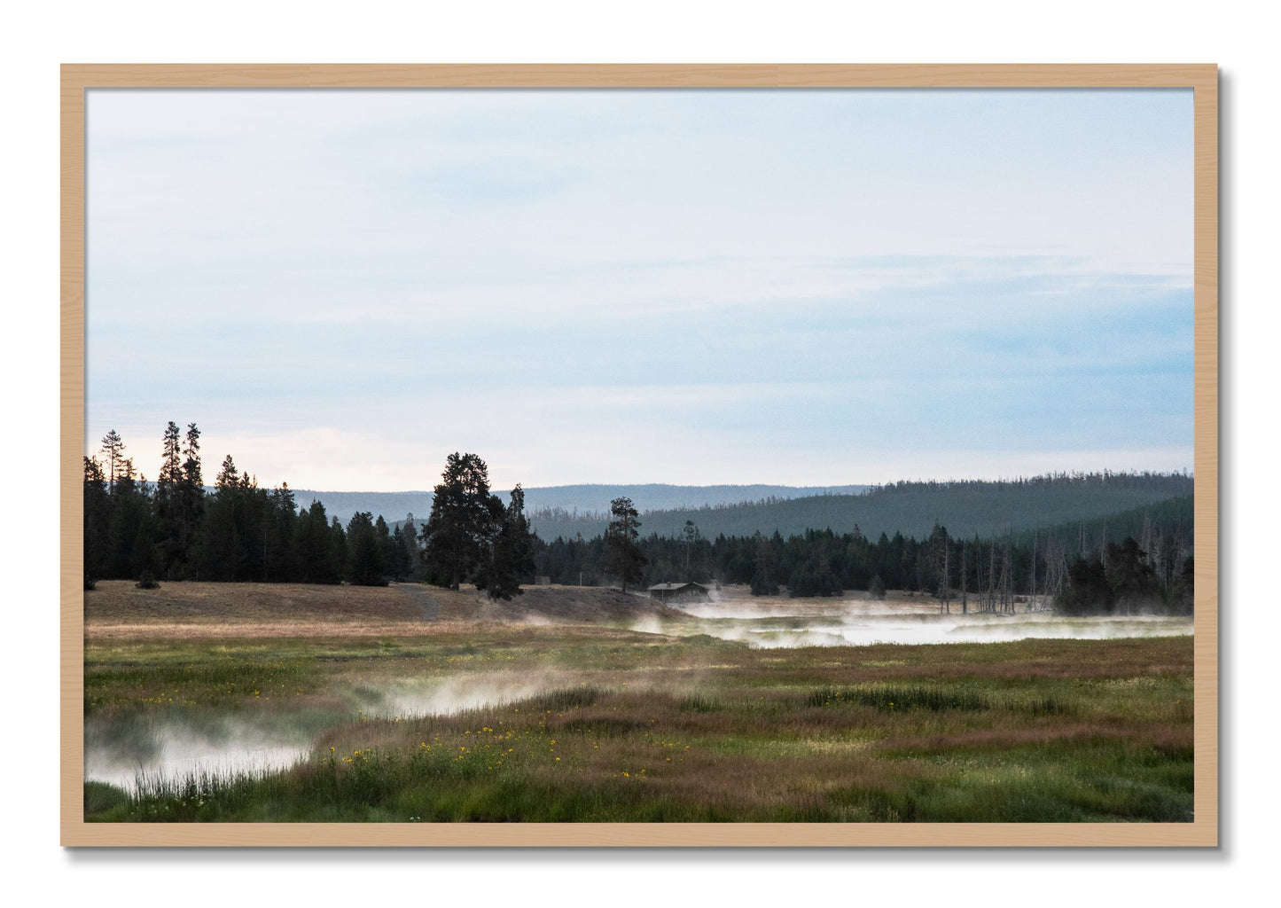 Framed photograph of Yellowstone Morning by Dylan Ozanich, Oak frame, Full Bleed
