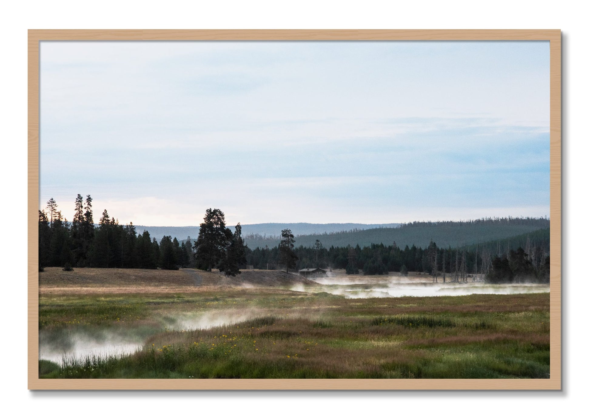 Framed photograph of Yellowstone Morning by Dylan Ozanich, Oak frame, Full Bleed