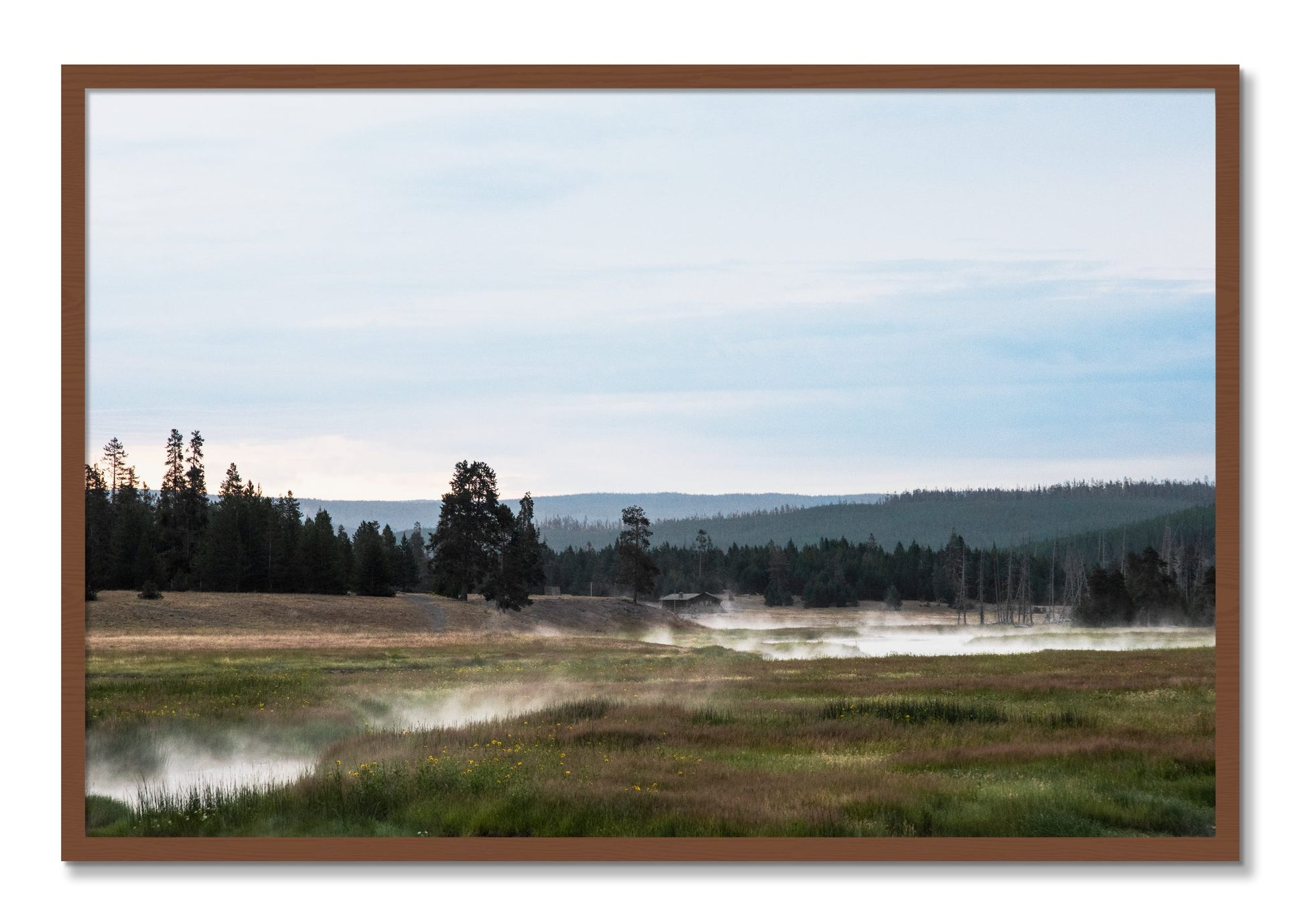 Framed photograph of Yellowstone Morning by Dylan Ozanich, Walnut frame, Full Bleed