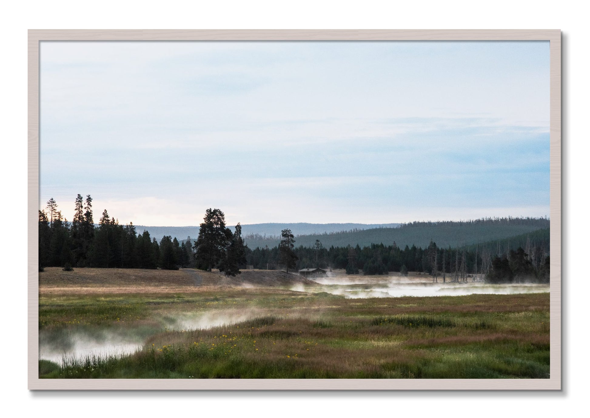 Framed photograph of Yellowstone Morning by Dylan Ozanich, White Maple frame, Full Bleed