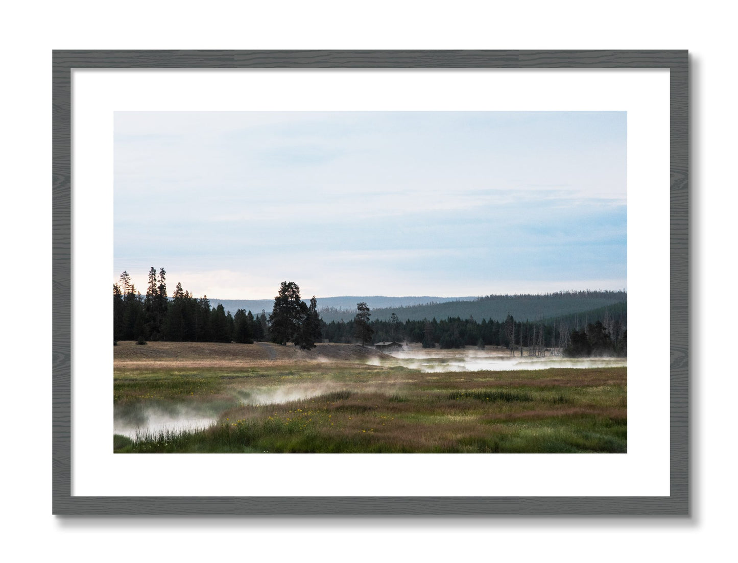 Framed photograph of Yellowstone Morning by Dylan Ozanich, Grey frame, Borders