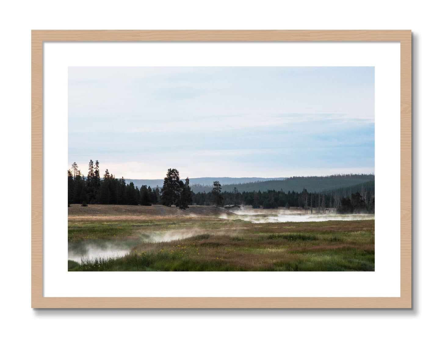 Framed photograph of Yellowstone Morning by Dylan Ozanich, Oak frame, Borders