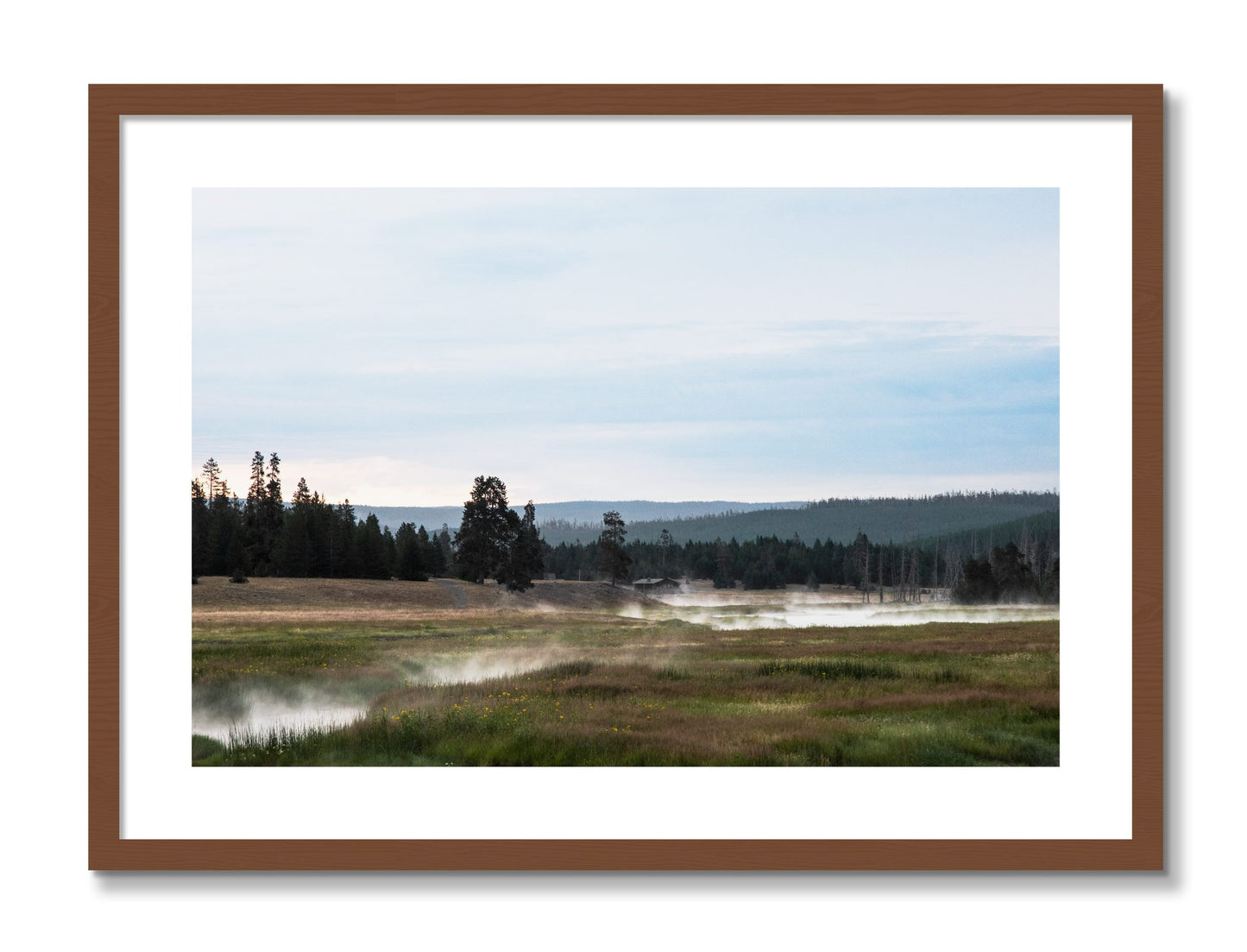 Framed photograph of Yellowstone Morning by Dylan Ozanich, Walnut frame, Borders
