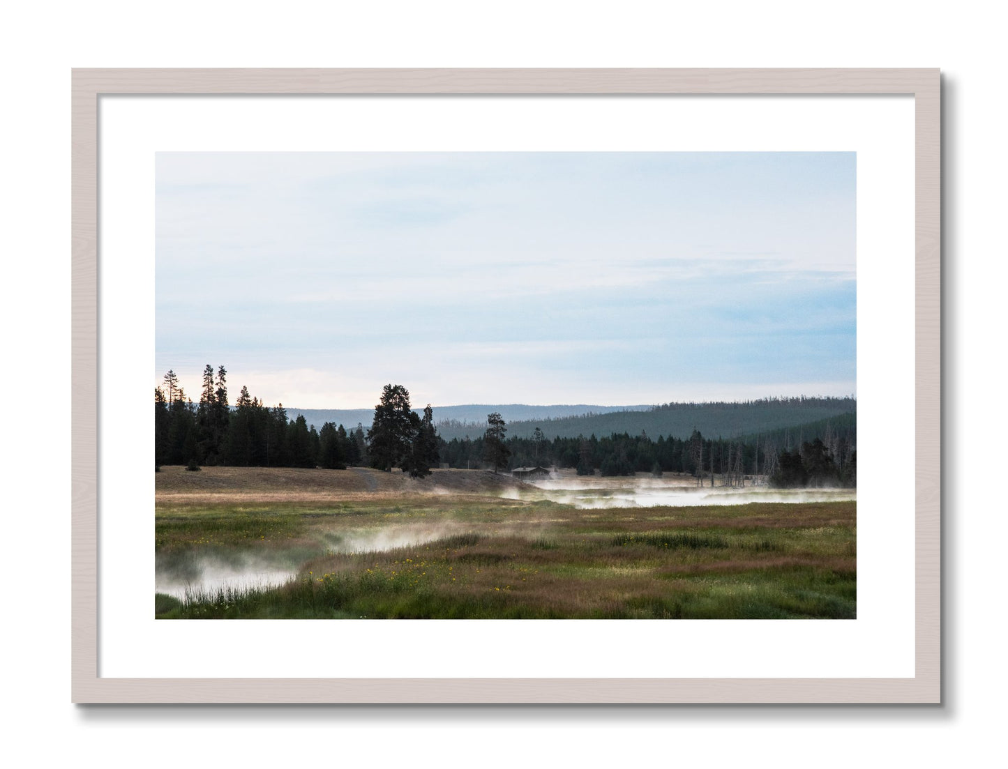 Framed photograph of Yellowstone Morning by Dylan Ozanich, White Maple frame, Borders