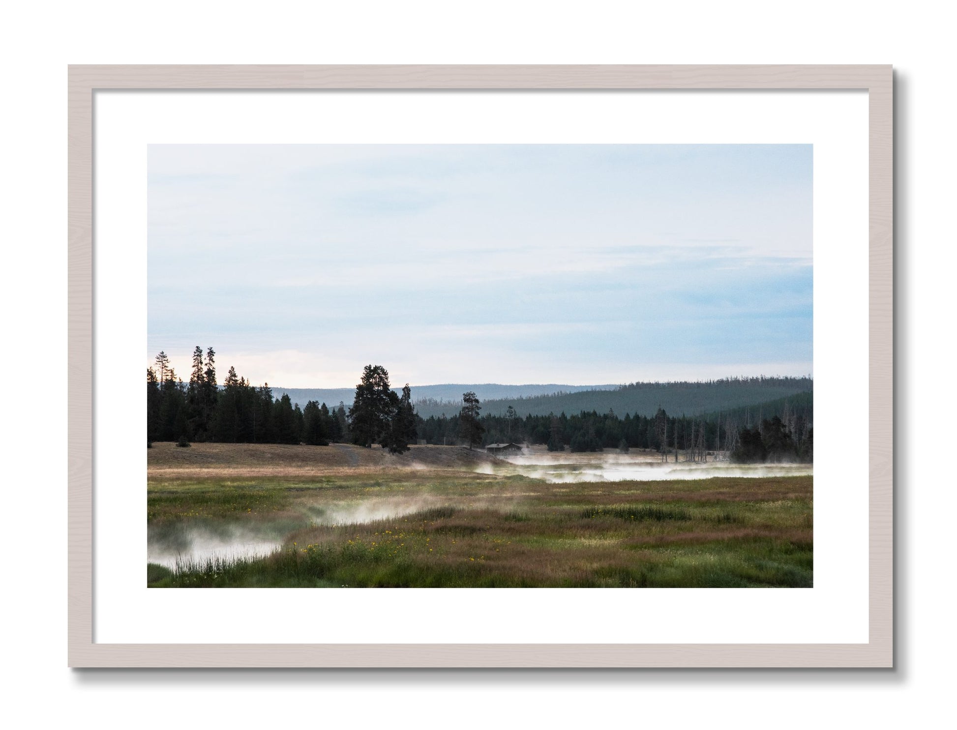 Framed photograph of Yellowstone Morning by Dylan Ozanich, White Maple frame, Borders