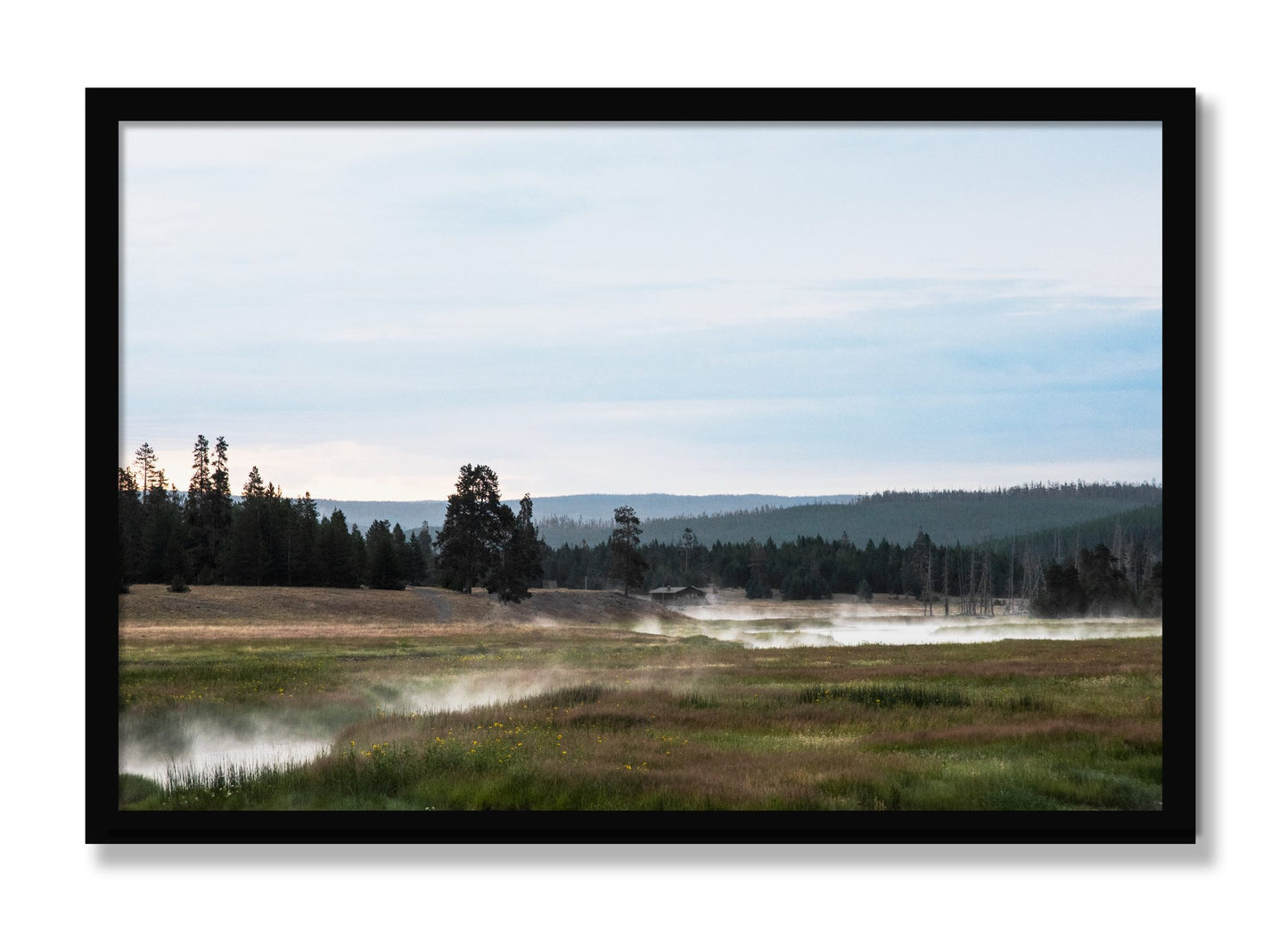 Framed photograph of Yellowstone Morning by Dylan Ozanich, Black frame, Full Bleed