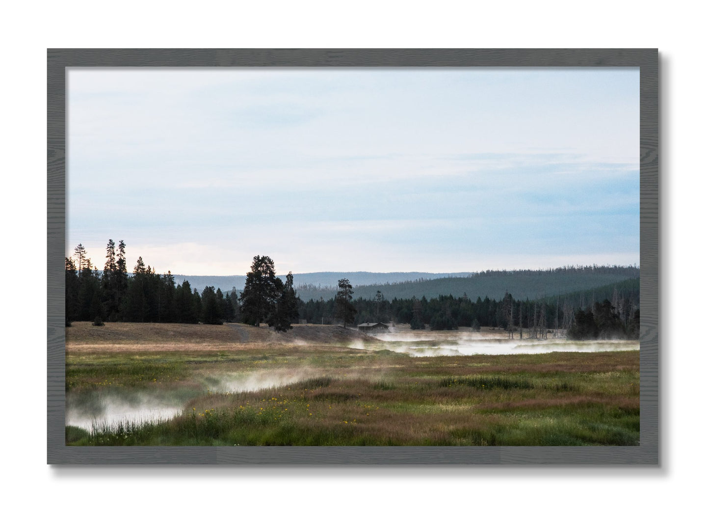 Framed photograph of Yellowstone Morning by Dylan Ozanich, Grey frame, Full Bleed
