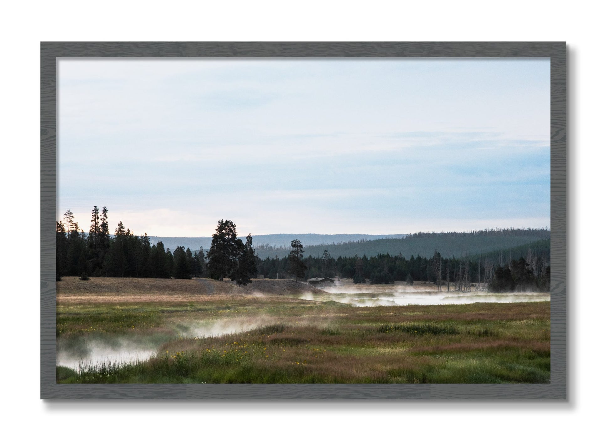 Framed photograph of Yellowstone Morning by Dylan Ozanich, Grey frame, Full Bleed