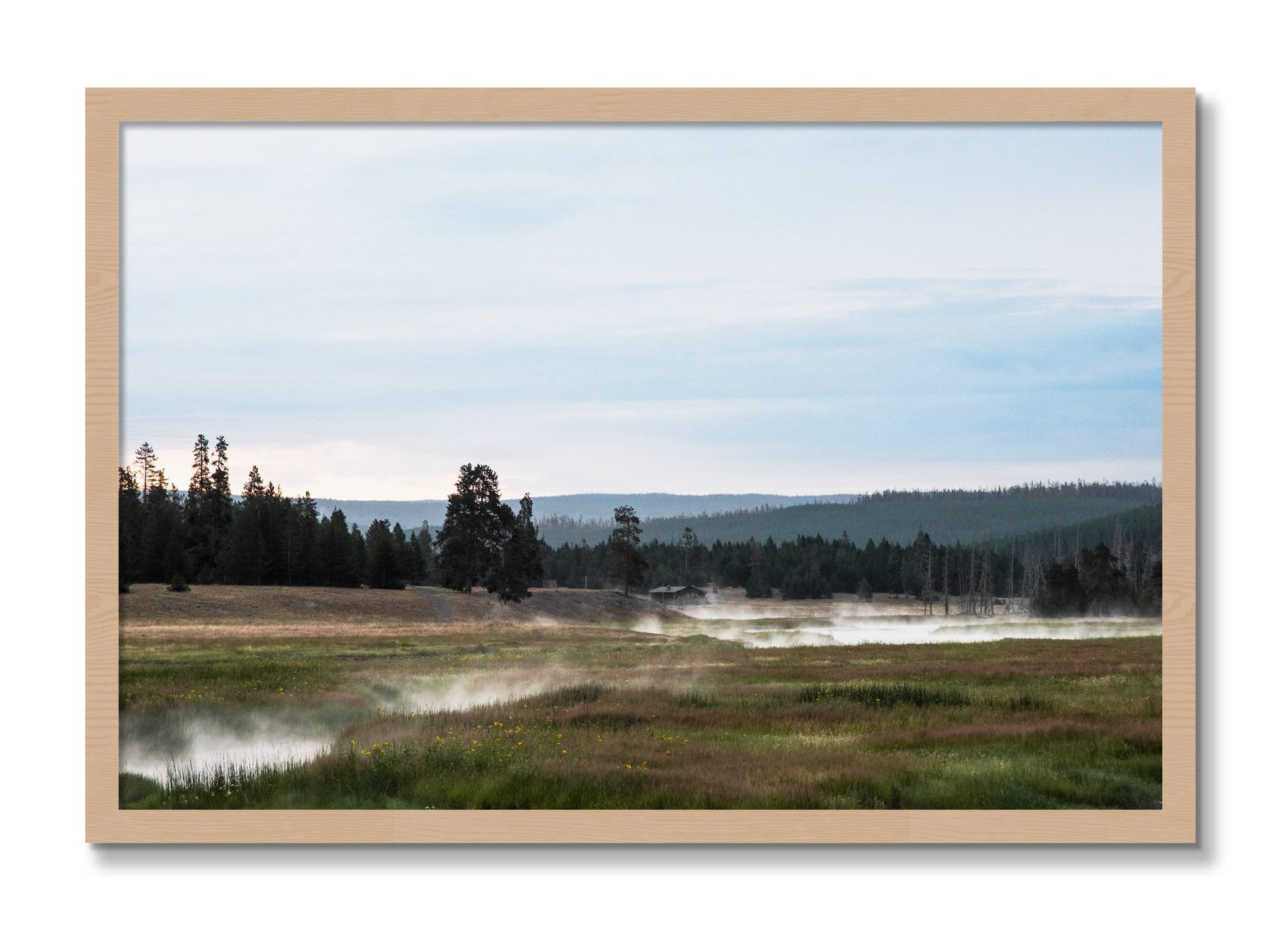 Framed photograph of Yellowstone Morning by Dylan Ozanich, Oak frame, Full Bleed