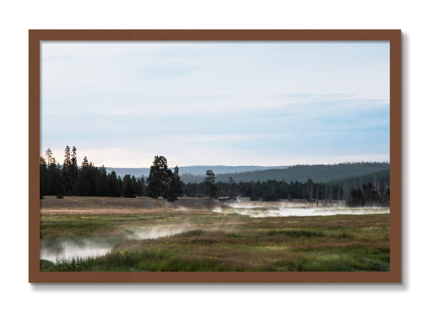 Framed photograph of Yellowstone Morning by Dylan Ozanich, Walnut frame, Full Bleed