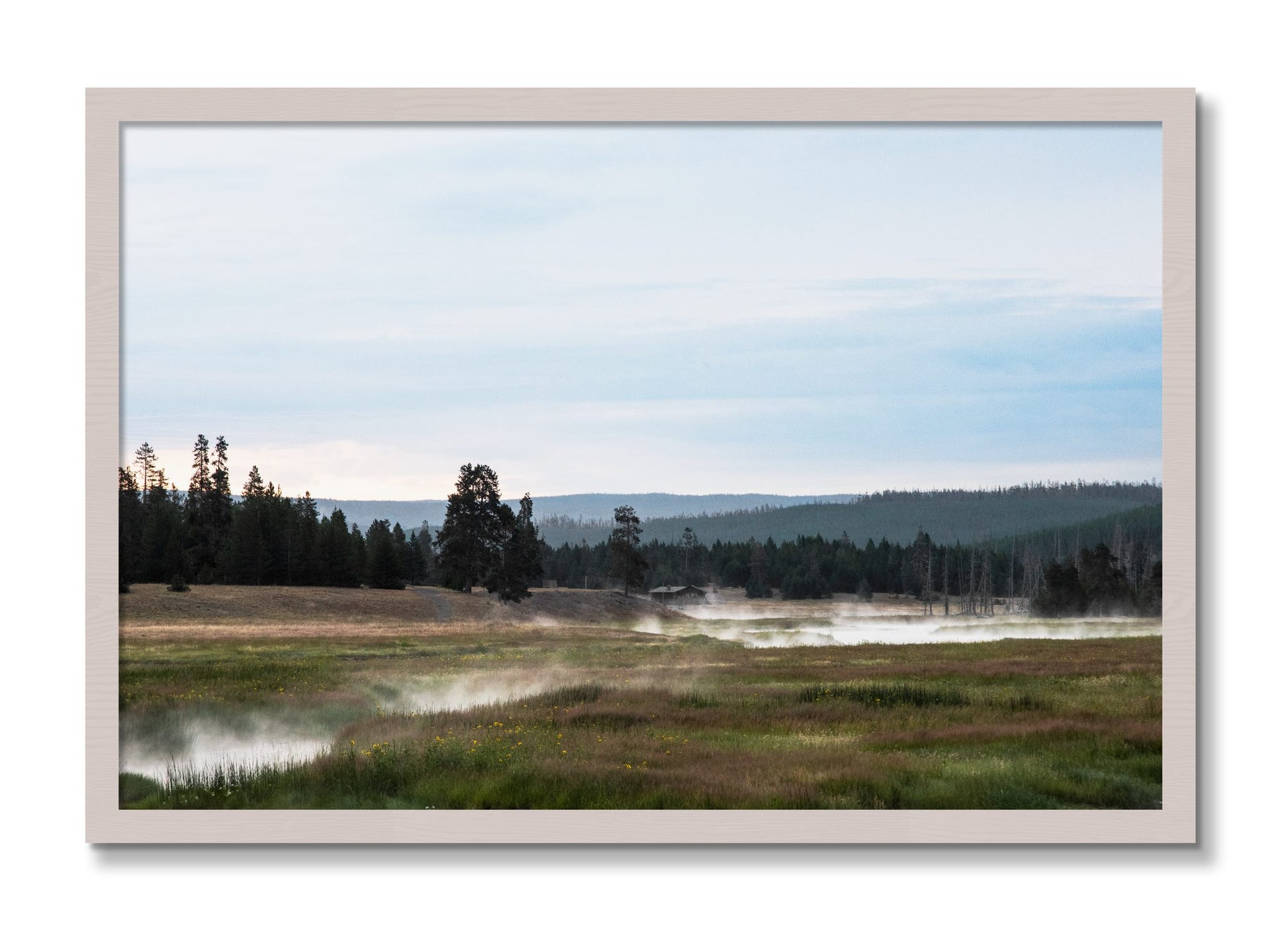 Framed photograph of Yellowstone Morning by Dylan Ozanich, White Maple frame, Full Bleed