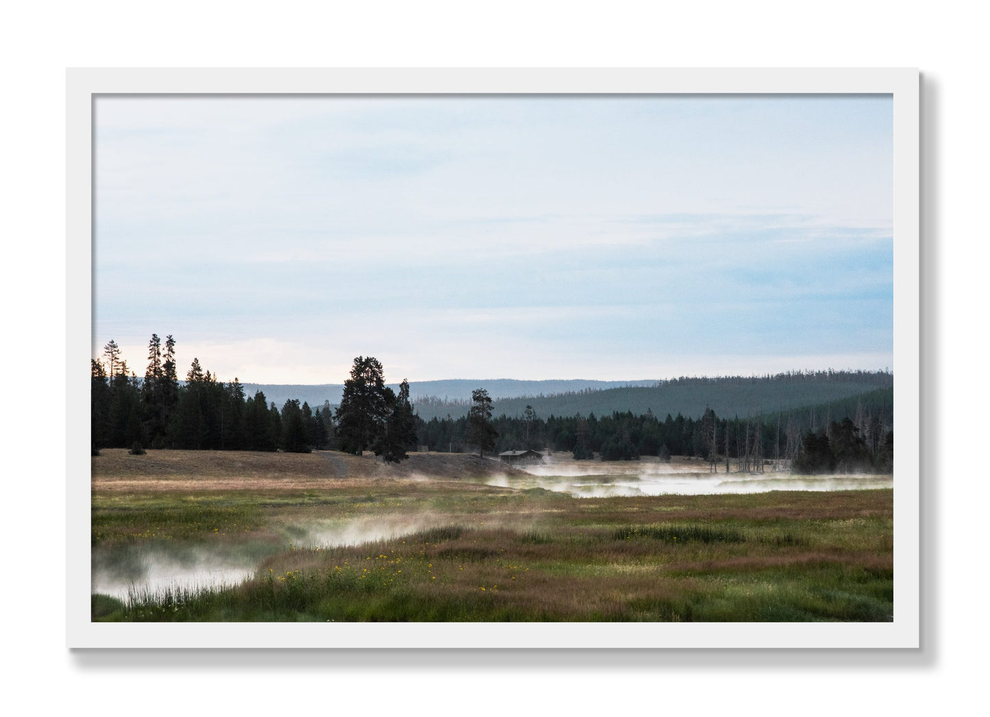 Framed photograph of Yellowstone Morning by Dylan Ozanich, White frame, Full Bleed