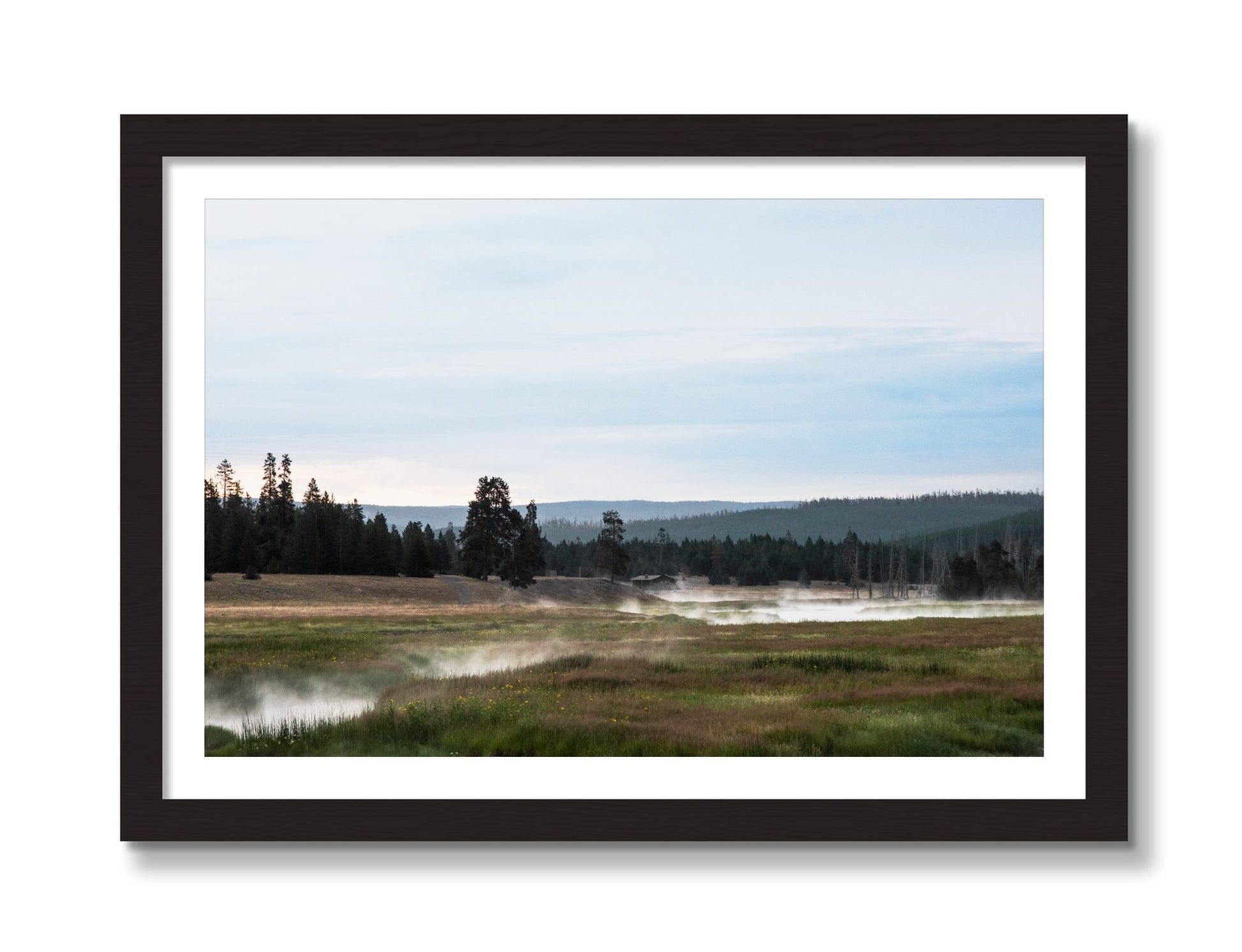 Framed photograph of Yellowstone Morning by Dylan Ozanich, Black Walnut frame, Borders