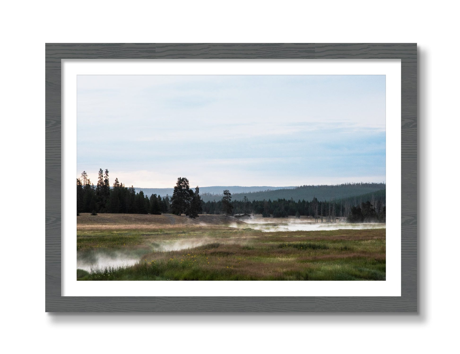 Framed photograph of Yellowstone Morning by Dylan Ozanich, Grey frame, Borders