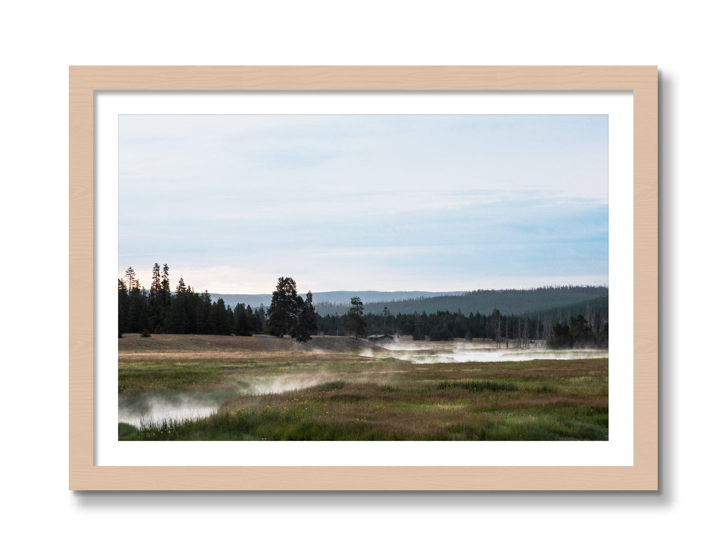 Framed photograph of Yellowstone Morning by Dylan Ozanich, Maple frame, Borders