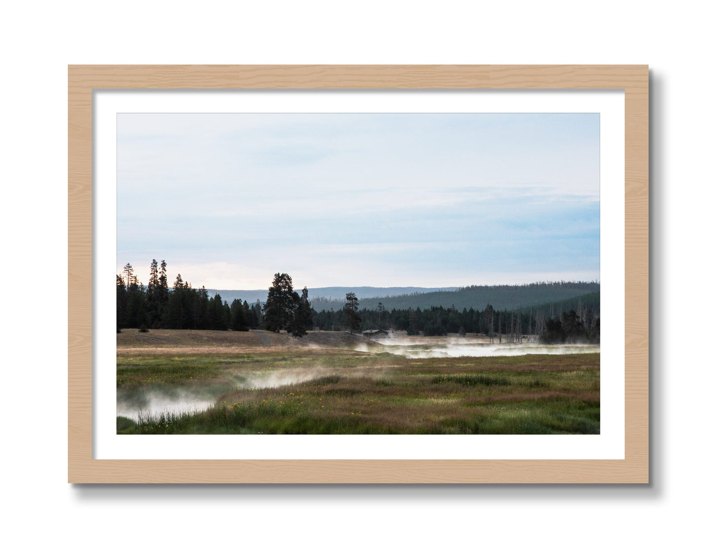 Framed photograph of Yellowstone Morning by Dylan Ozanich, Oak frame, Borders