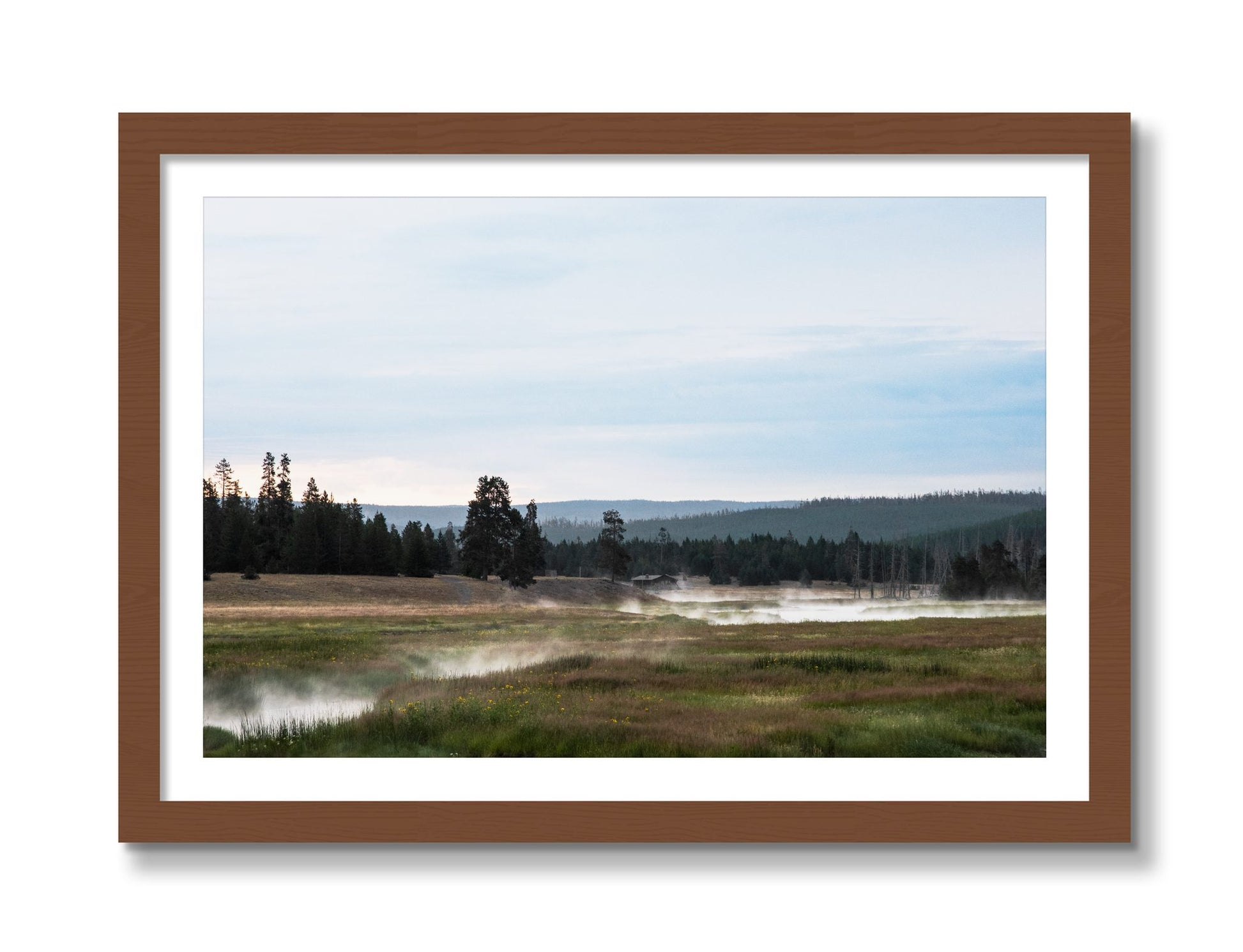 Framed photograph of Yellowstone Morning by Dylan Ozanich, Walnut frame, Borders