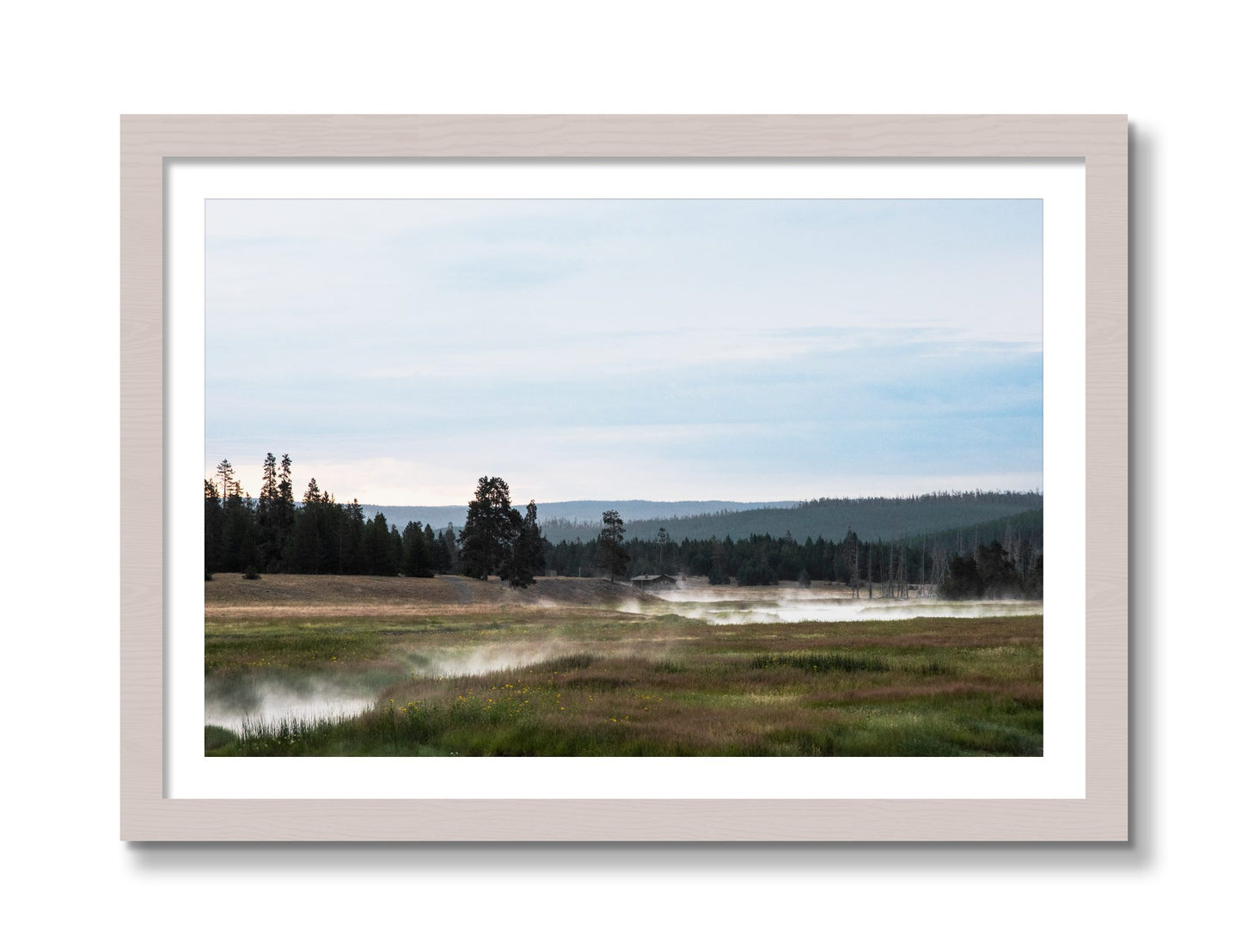 Framed photograph of Yellowstone Morning by Dylan Ozanich, White Maple frame, Borders