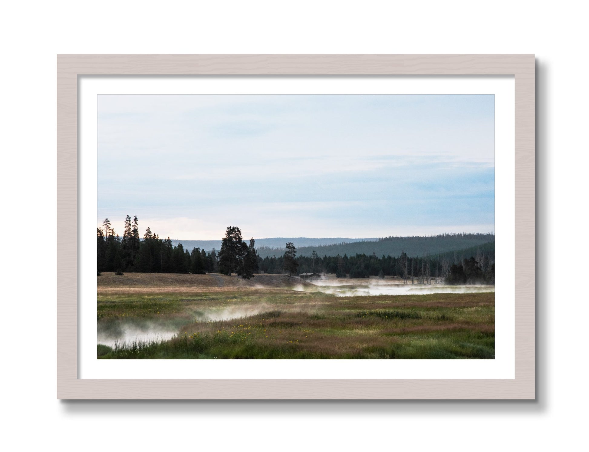 Framed photograph of Yellowstone Morning by Dylan Ozanich, White Maple frame, Borders