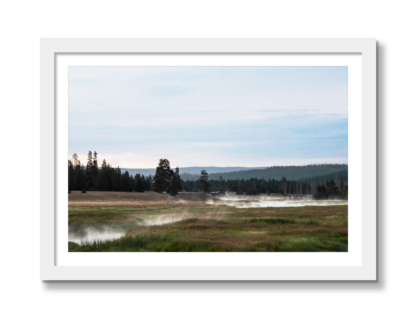 Framed photograph of Yellowstone Morning by Dylan Ozanich, White frame, Borders