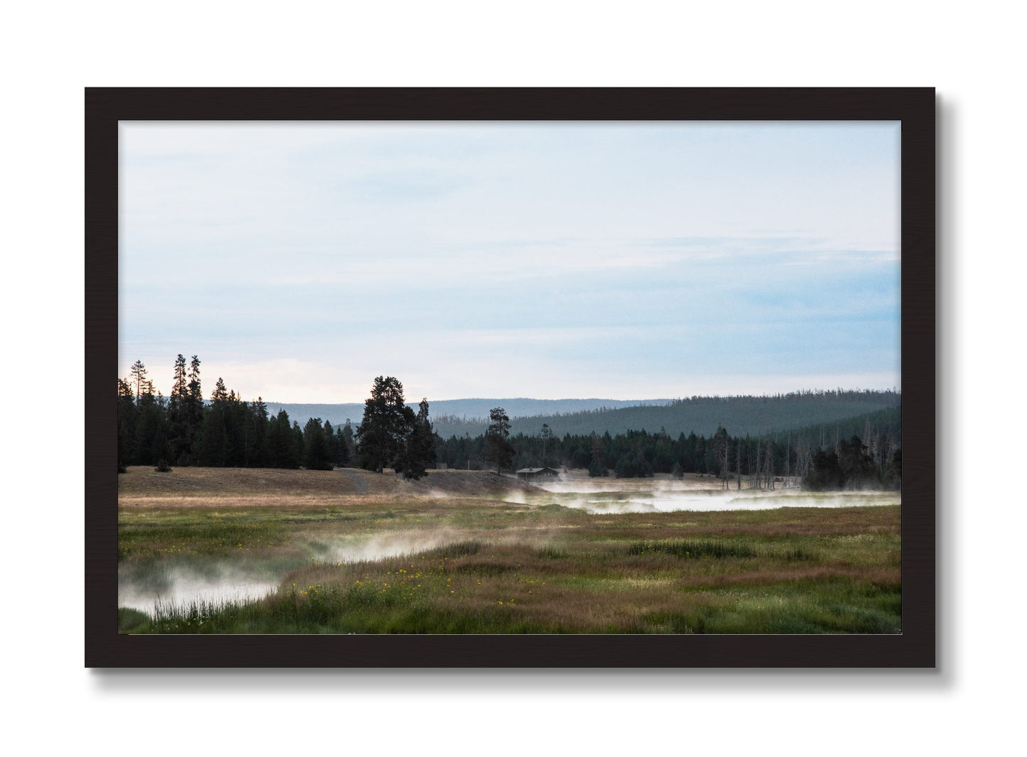 Framed photograph of Yellowstone Morning by Dylan Ozanich, Black Walnut frame, Full Bleed