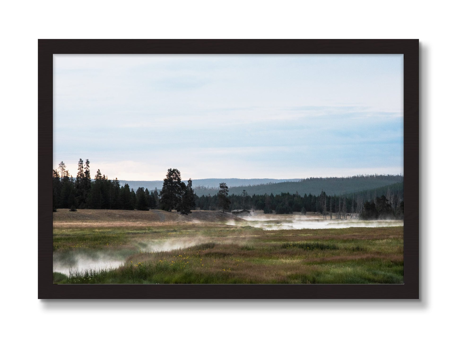 Framed photograph of Yellowstone Morning by Dylan Ozanich, Black Walnut frame, Full Bleed