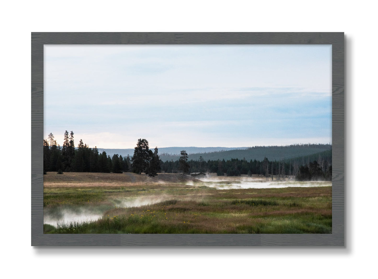 Framed photograph of Yellowstone Morning by Dylan Ozanich, Grey frame, Full Bleed