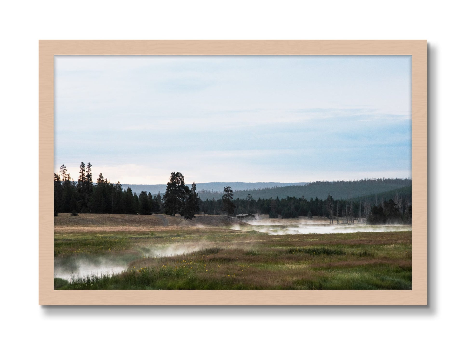 Framed photograph of Yellowstone Morning by Dylan Ozanich, Maple frame, Full Bleed