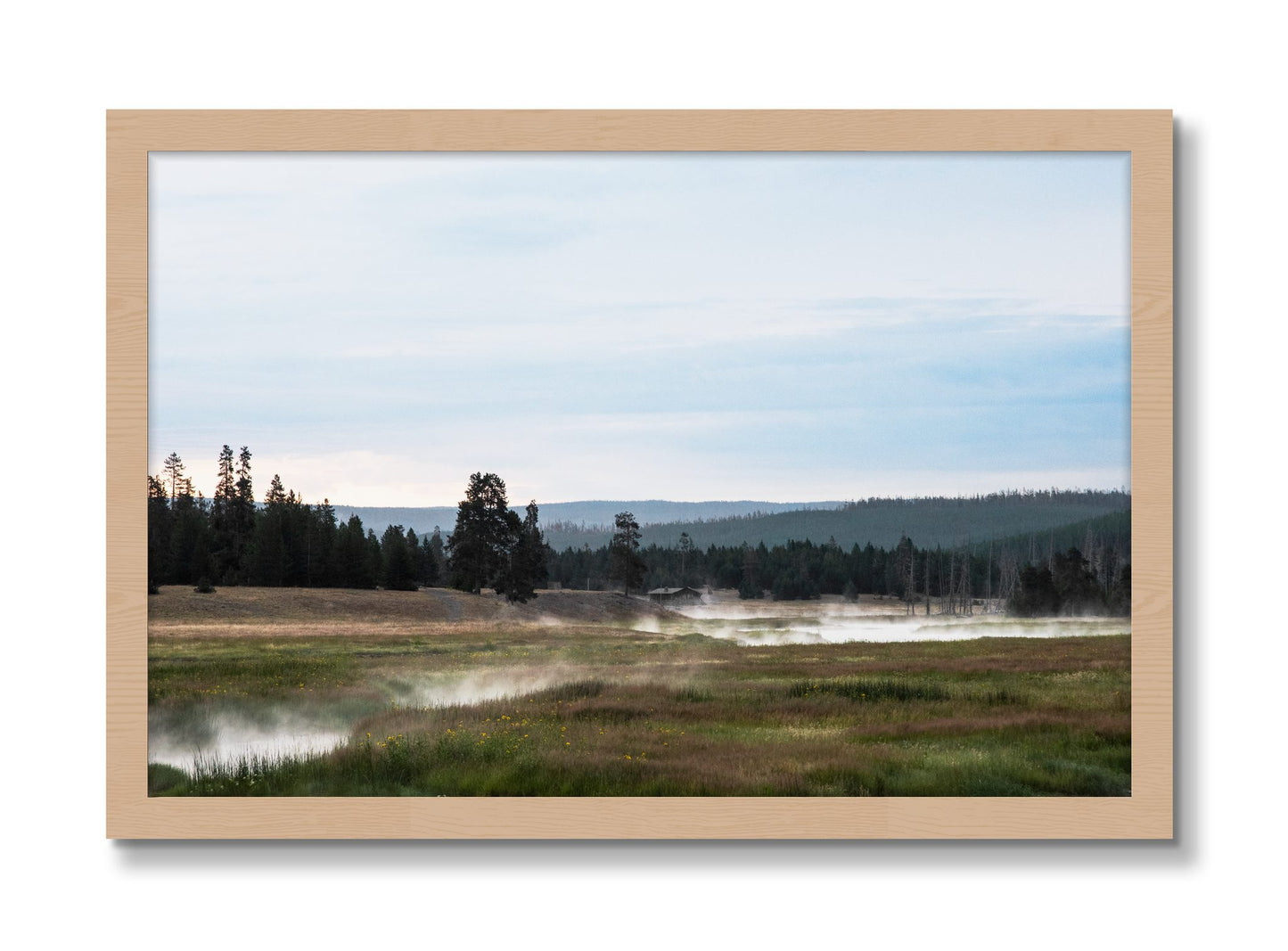 Framed photograph of Yellowstone Morning by Dylan Ozanich, Oak frame, Full Bleed