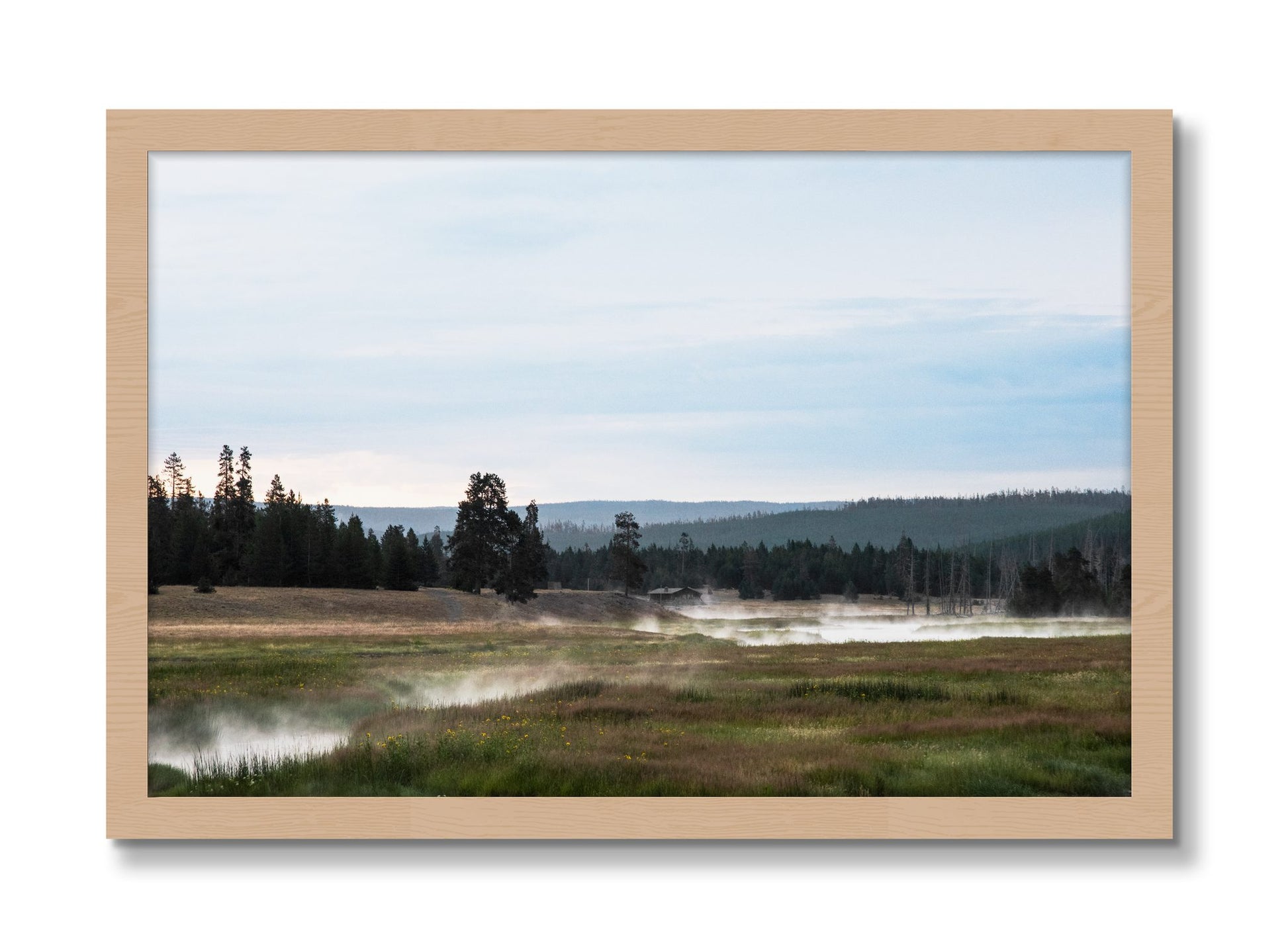 Framed photograph of Yellowstone Morning by Dylan Ozanich, Oak frame, Full Bleed