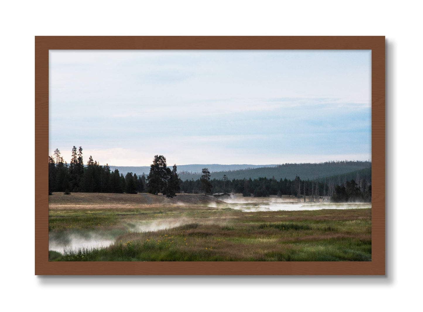 Framed photograph of Yellowstone Morning by Dylan Ozanich, Walnut frame, Full Bleed