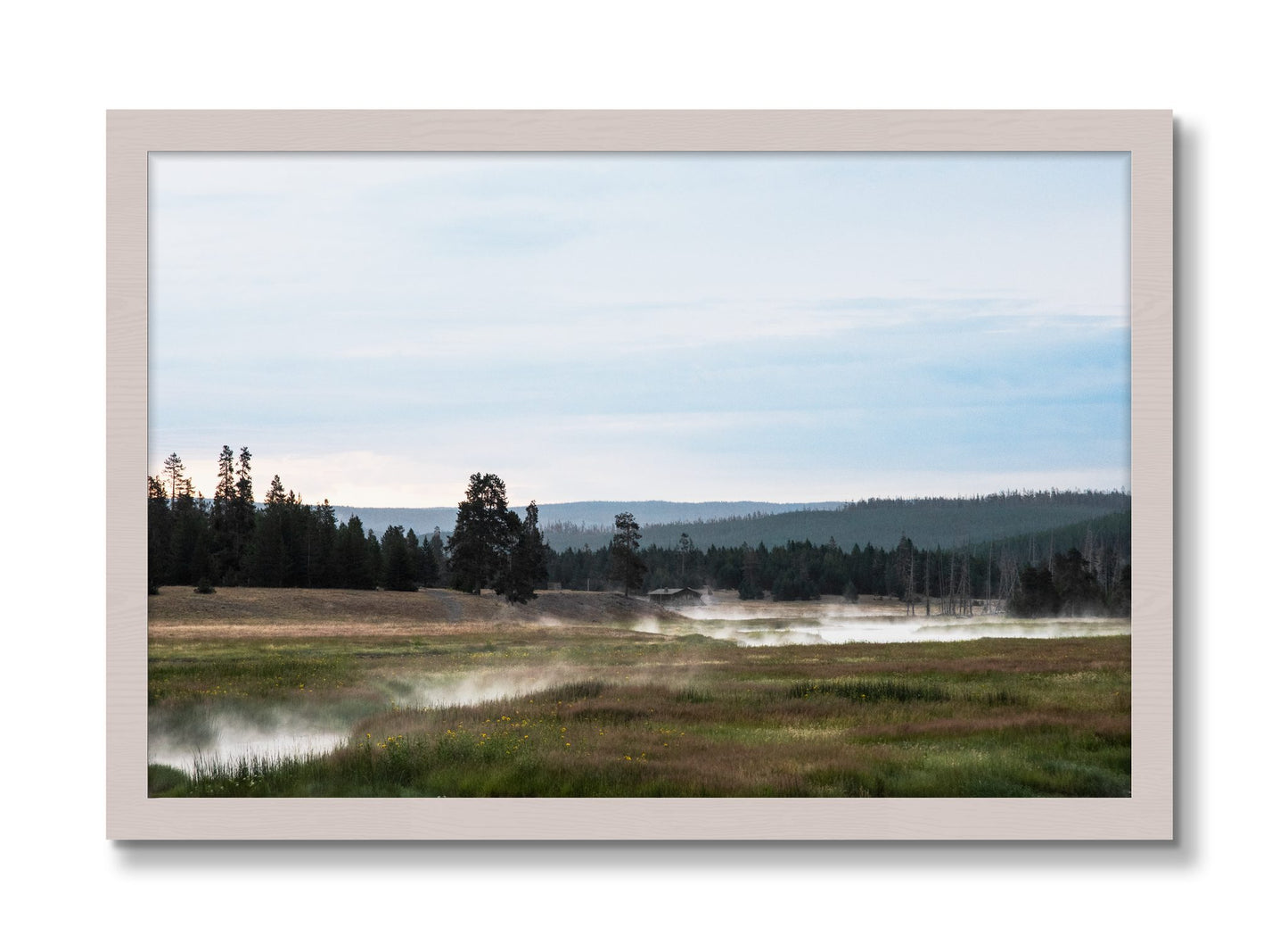 Framed photograph of Yellowstone Morning by Dylan Ozanich, White Maple frame, Full Bleed
