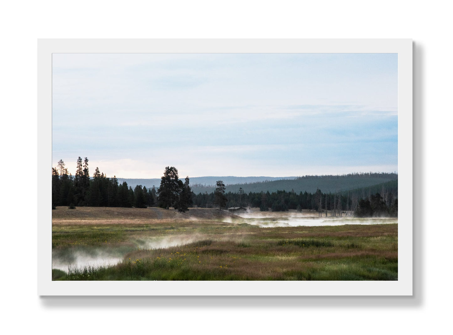 Framed photograph of Yellowstone Morning by Dylan Ozanich, White frame, Full Bleed