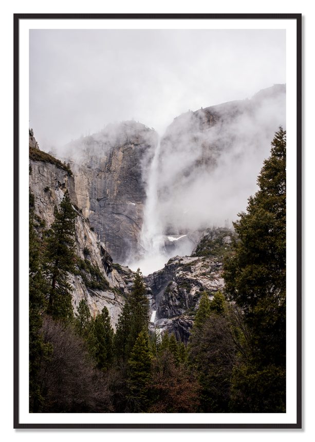 Yosemite Falls by Dylan Ozanich, 48×72 print with a White Border in a Black Walnut frame