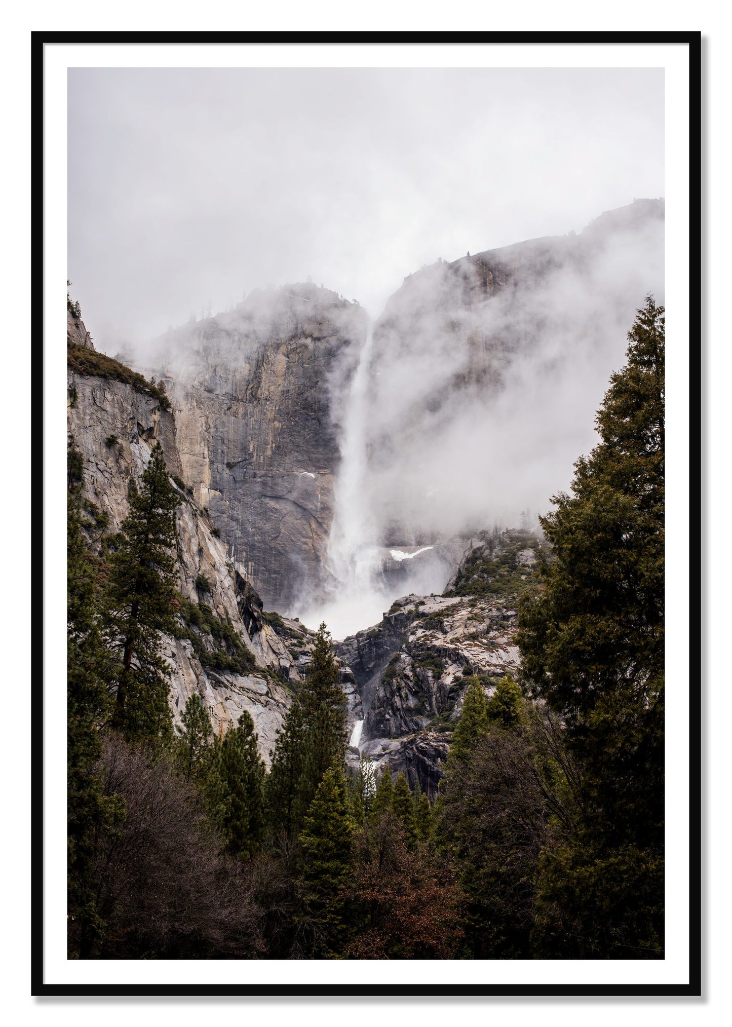 Yosemite Falls by Dylan Ozanich, 48×72 print with a White Border in a Black frame