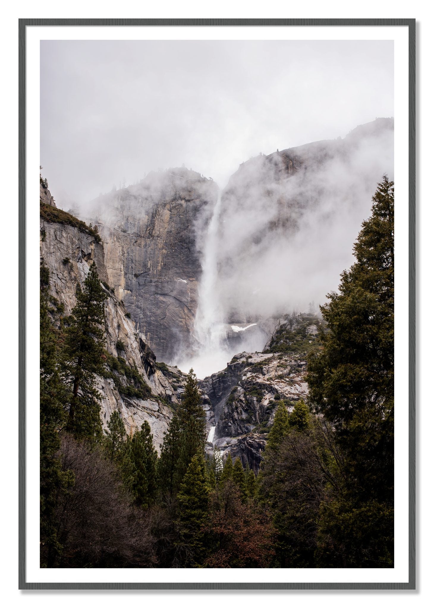 Yosemite Falls by Dylan Ozanich, 48×72 print with a White Border in a Grey frame