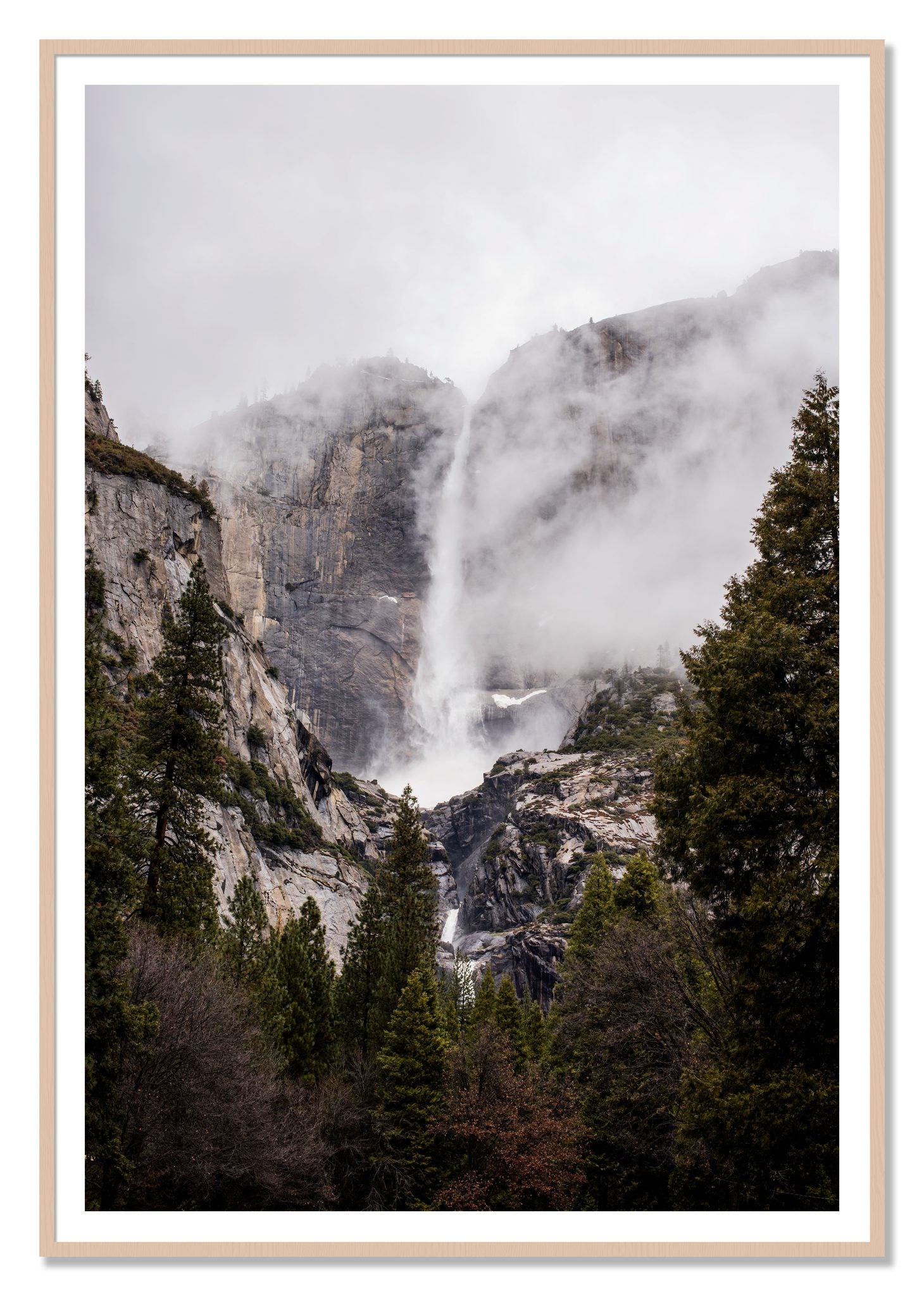 Yosemite Falls by Dylan Ozanich, 48×72 print with a White Border in a Maple frame
