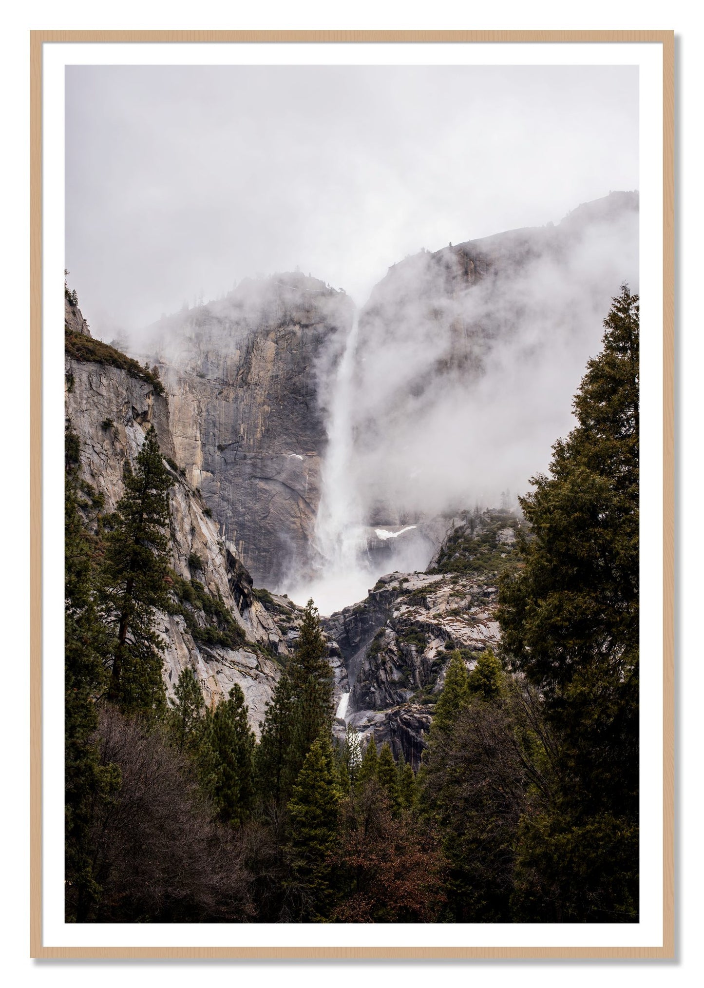 Yosemite Falls by Dylan Ozanich, 48×72 print with a White Border in an Oak frame