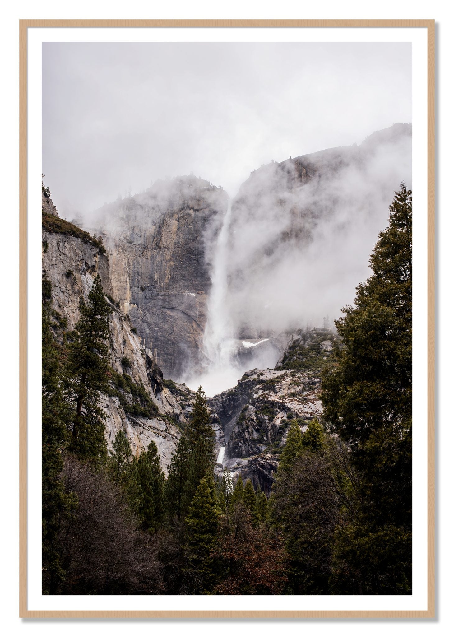 Yosemite Falls by Dylan Ozanich, 48×72 print with a White Border in an Oak frame