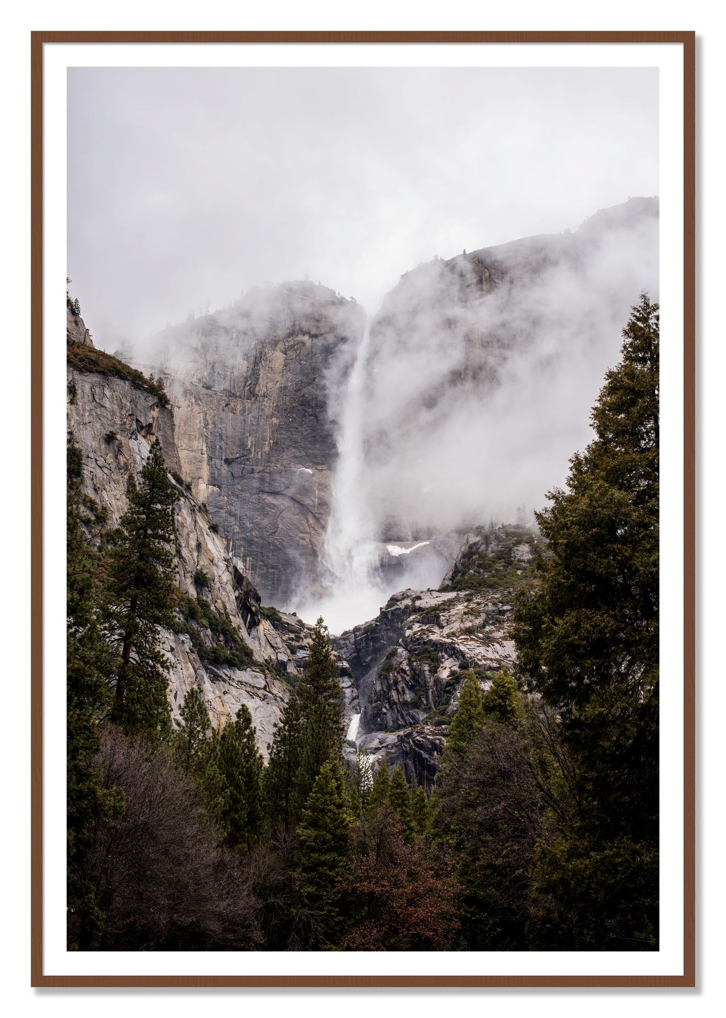 Yosemite Falls by Dylan Ozanich, 48×72 print with a White Border in a Walnut frame