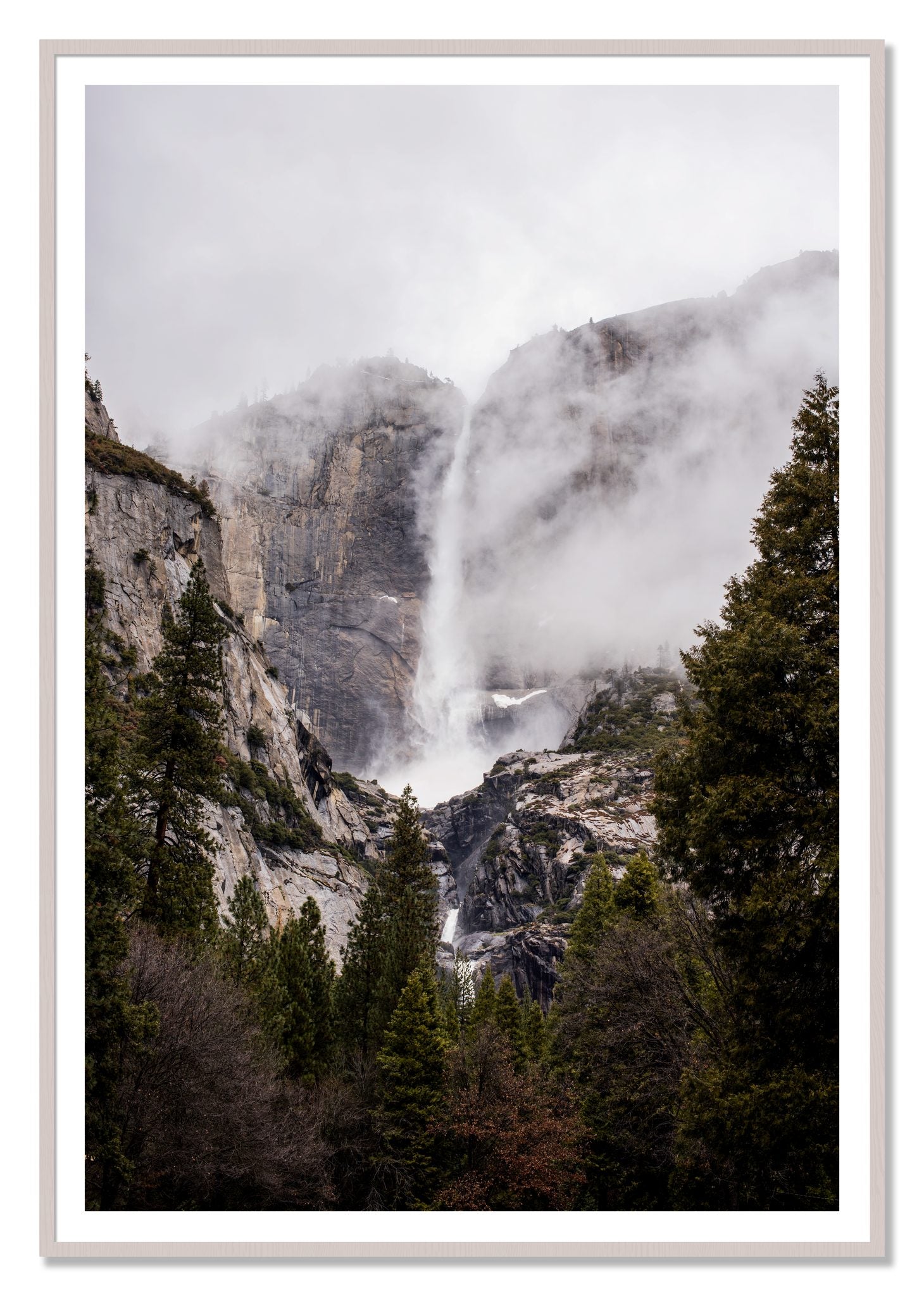Yosemite Falls by Dylan Ozanich, 48×72 print with a White Border in a White Maple frame