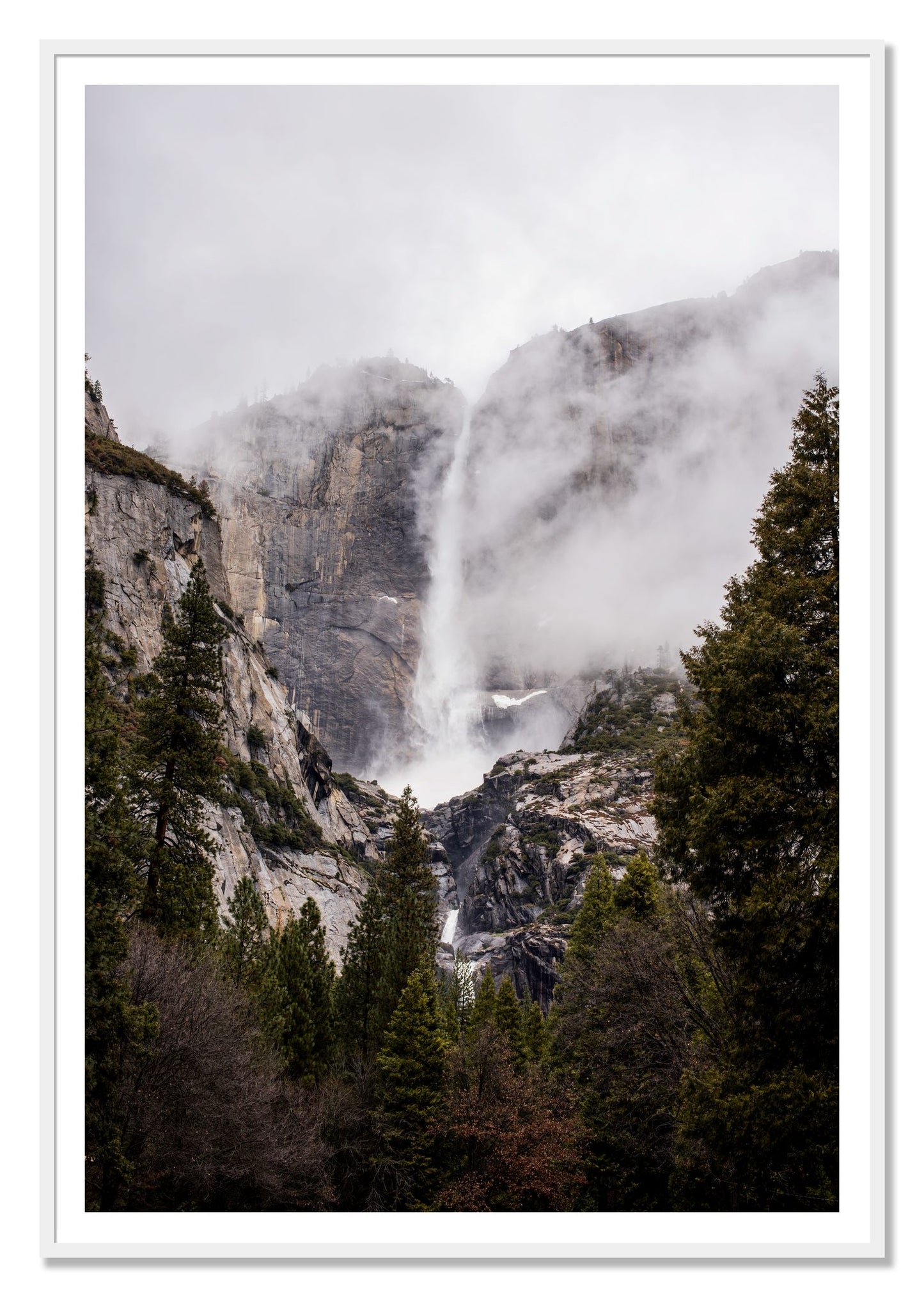 Yosemite Falls by Dylan Ozanich, 48×72 print with a White Border in a White frame