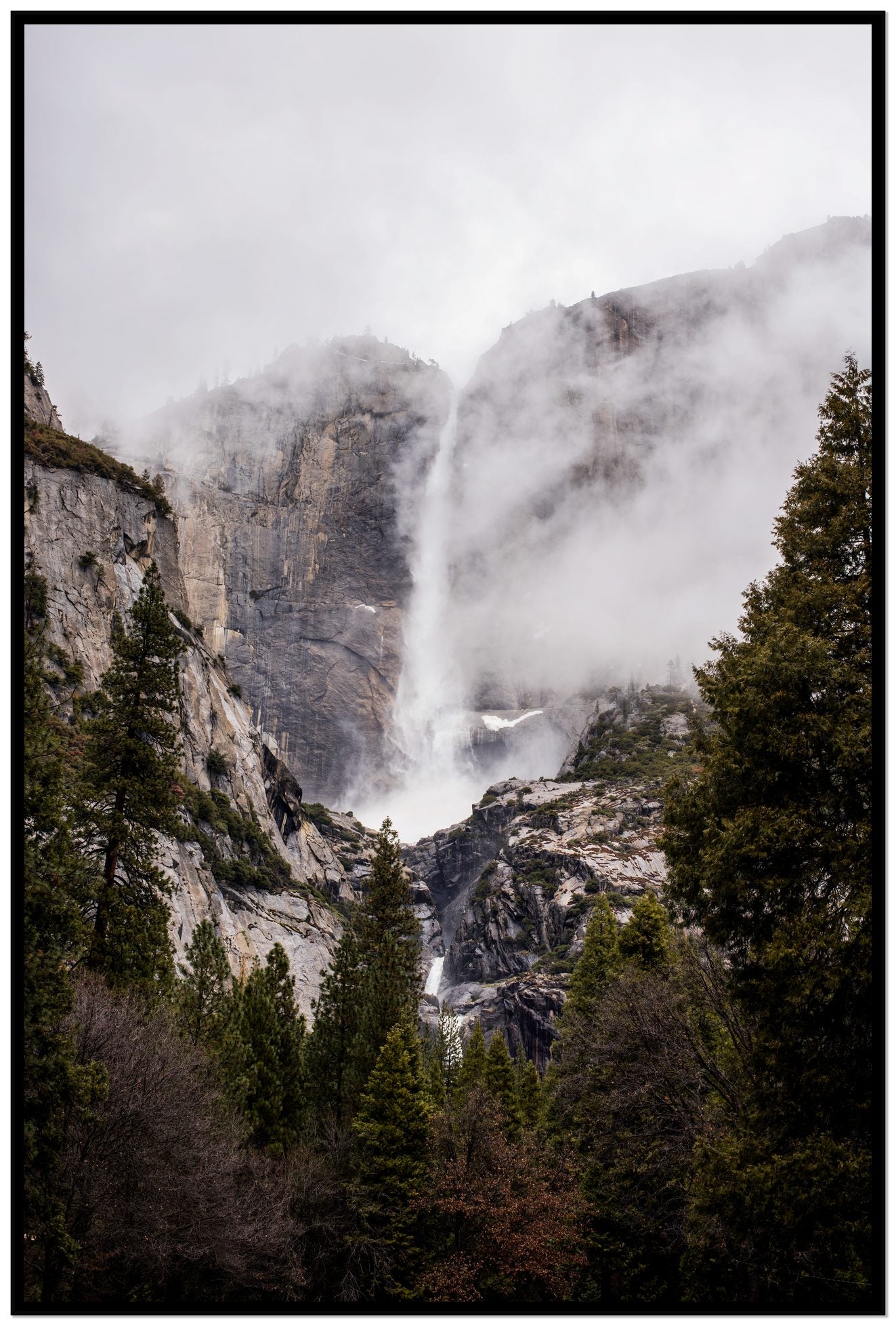 Yosemite Falls by Dylan Ozanich, 48×72 Full Bleed Print in a Black frame