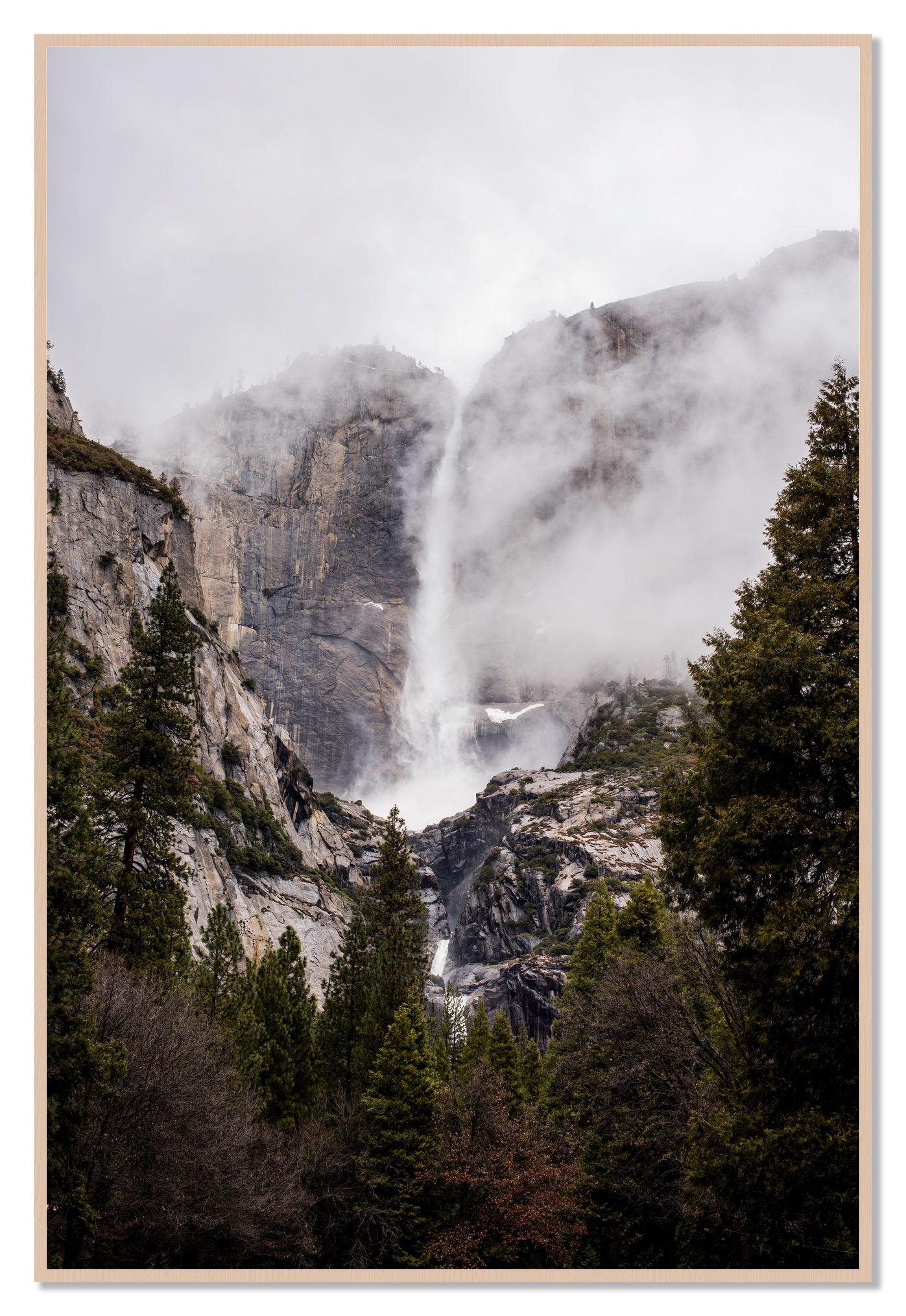 Yosemite Falls by Dylan Ozanich, 48×72 Full Bleed Print in a Maple frame