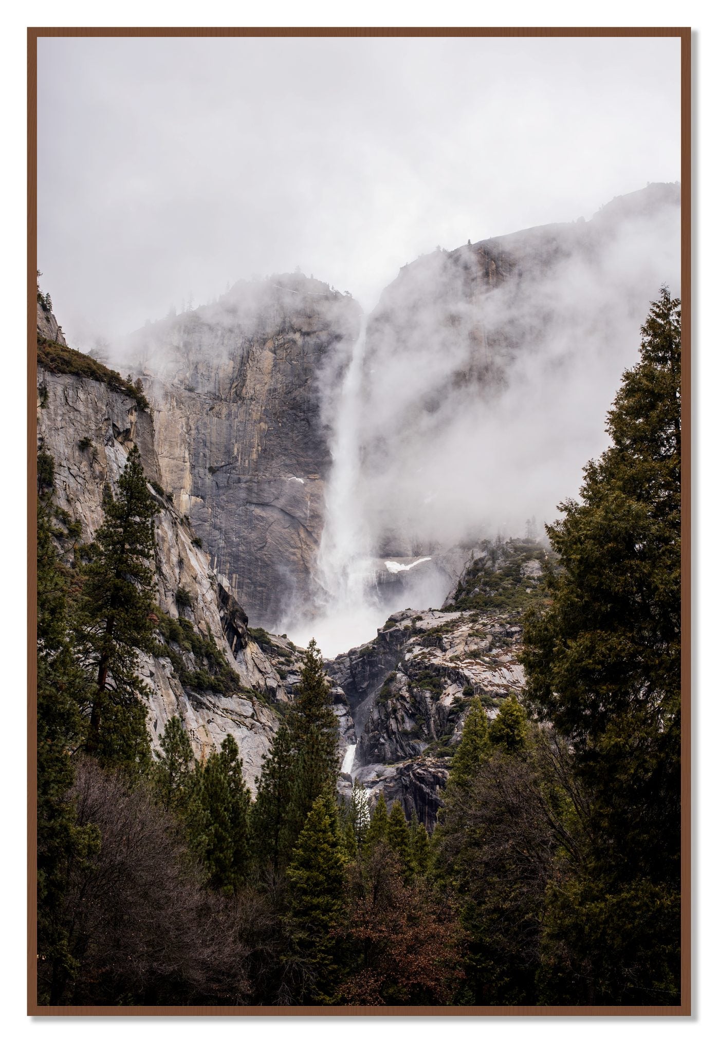 Yosemite Falls by Dylan Ozanich, 48×72 Full Bleed Print in a Walnut frame